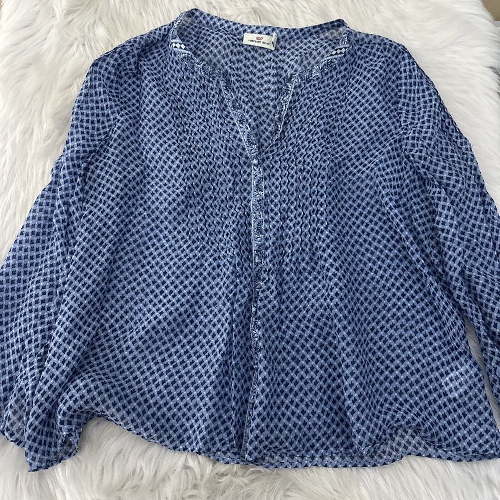 Vineyard Vines Blue Patterned Long Sleeve Blouse- Size XL